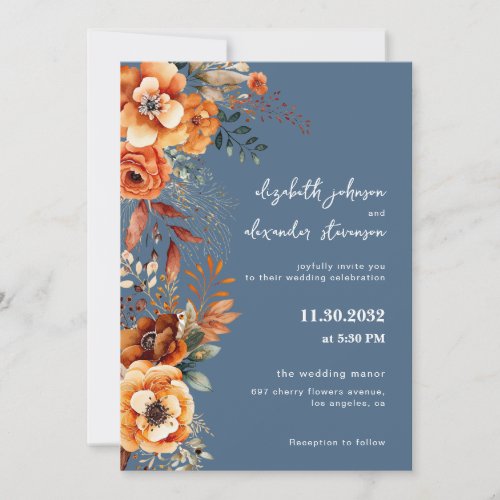 Elegant Autumnal Floral wedding 1 photo blue Invitation