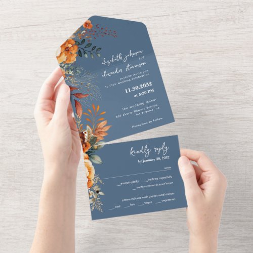 Elegant Autumnal Floral wedding delicate blue All In One Invitation