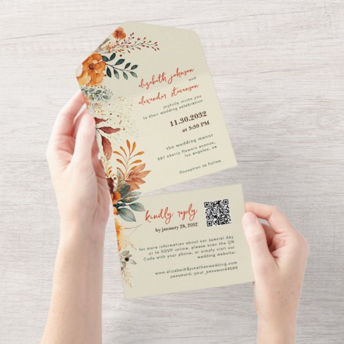 Elegant Autumnal Floral wedding QR Code All In One Invitation