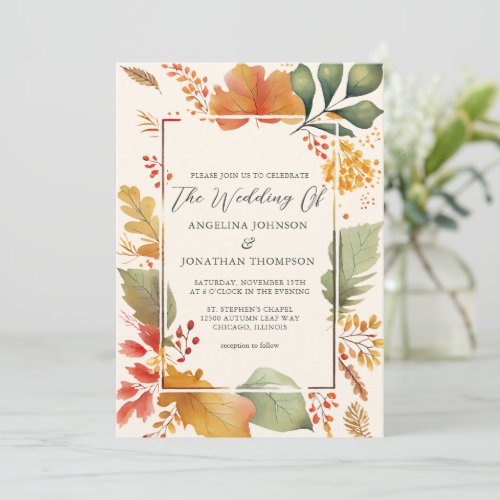 Elegant Autumnal Leaves Watercolor Ivory Wedding Invitation