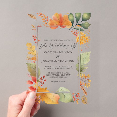 Elegant Autumnal Leaves Watercolor Wedding Acrylic Invitations