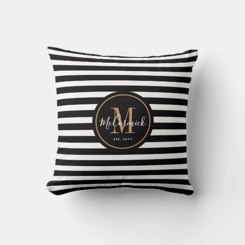 Elegant Awning Stripes Black White Name Monogram Throw Pillow