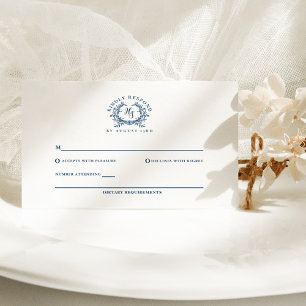 Elegant Azure Blue Monogram Crest Wedding RSVP Card