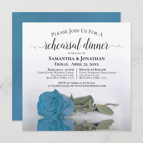Elegant Azure Blue Rose Wedding Rehearsal Dinner Invitation