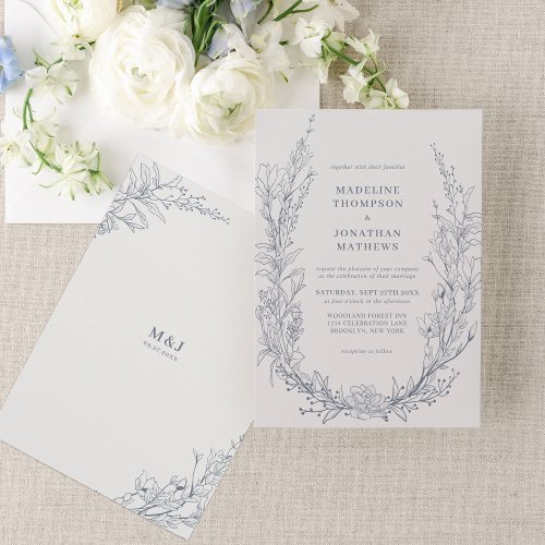 Elegant Azure Floral Wreath Monogram Wedding Invitation