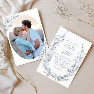 Elegant Azure Ivory Floral Monogram Photo Wedding Invitation