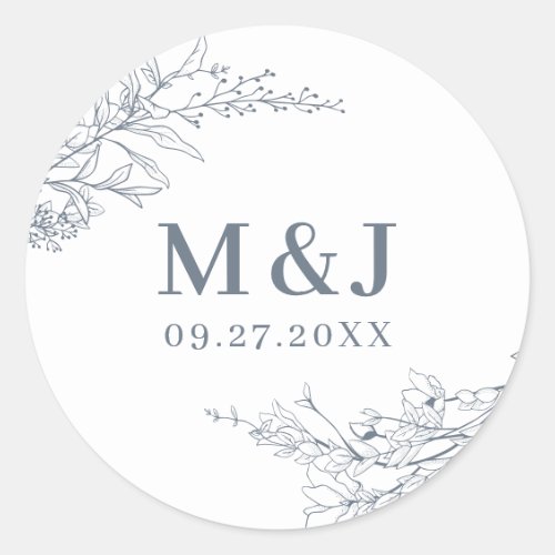 Elegant Azure Ivory Floral Wreath Monogram Wedding Classic Round Sticker