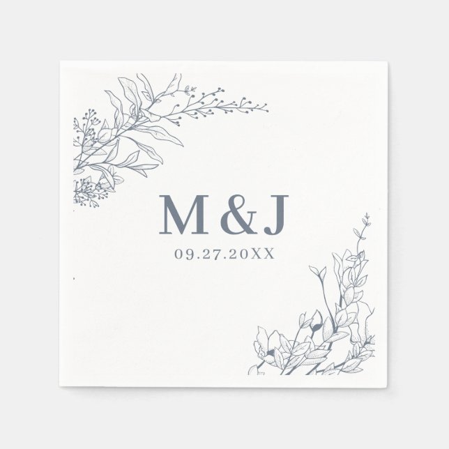 Elegant Azure Ivory Floral Wreath Monogram Wedding Napkins (Front)