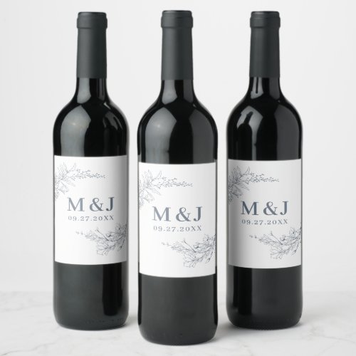 Elegant Azure Ivory Floral Wreath Monogram Wedding Wine Label