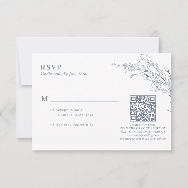 Elegant Azure Ivory Floral Wreath QR Code Wedding RSVP Card (Front)