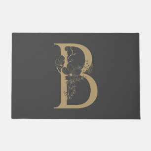 Elegant B Boho Floral Monogram Initial Gray Gold Doormat
