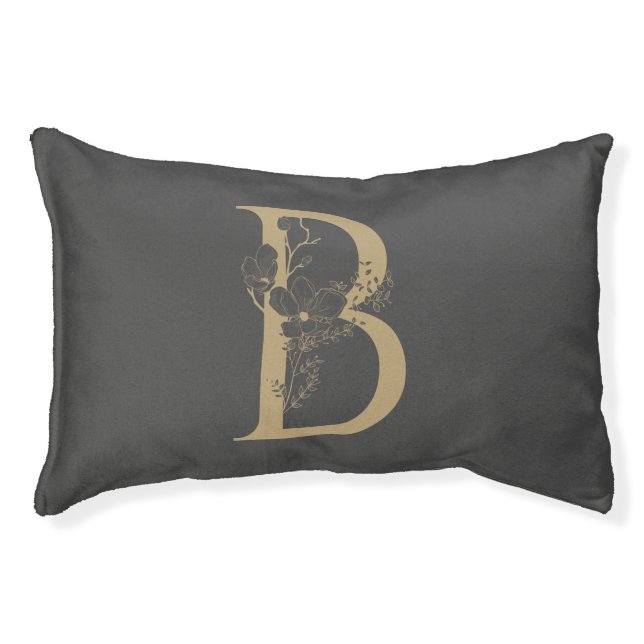 Elegant B Boho Floral Monogram Initial Gray Gold Pet Bed (Front)