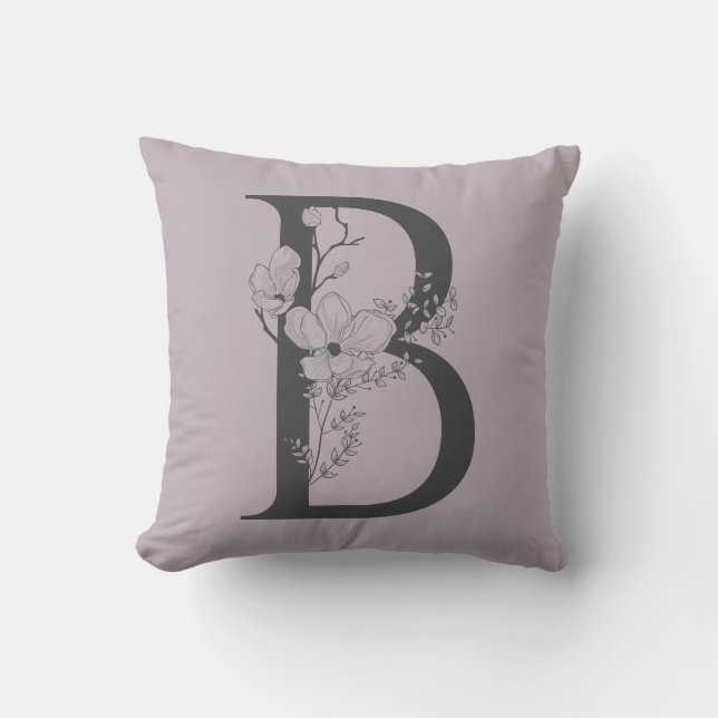 Elegant B Boho Floral Monogram Initial Lilac Gray Throw Pillow (Front)