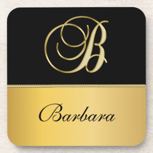 Elegant "B" Monogram Personalized Name Black Gold Beverage Coaster