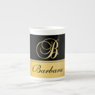 Elegant "B" Monogram Personalized Name Black Gold Bone China Mug