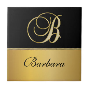 Elegant "B" Monogram Personalized Name Black Gold  Ceramic Tile