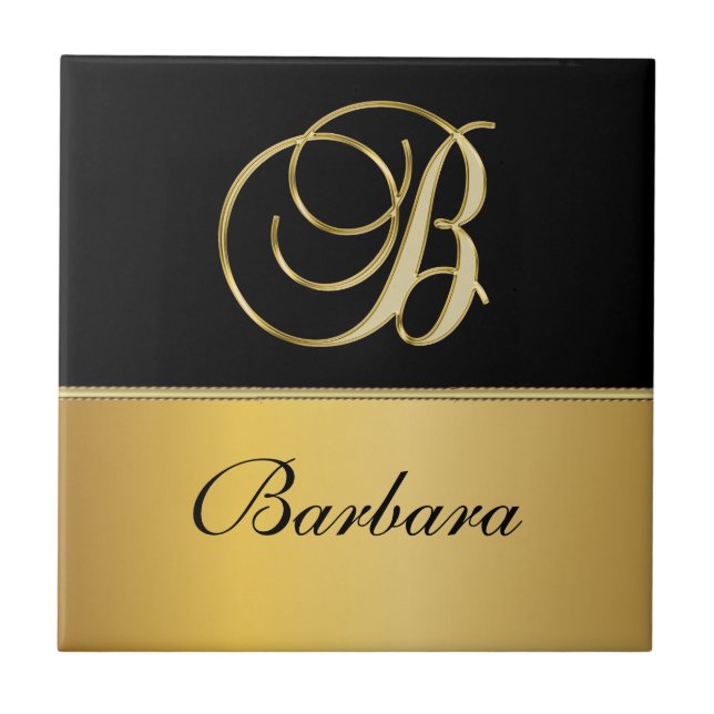 Elegant "B" Monogram Personalized Name Black Gold  Ceramic Tile (Front)