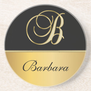 Elegant "B" Monogram Personalized Name Black Gold Coaster