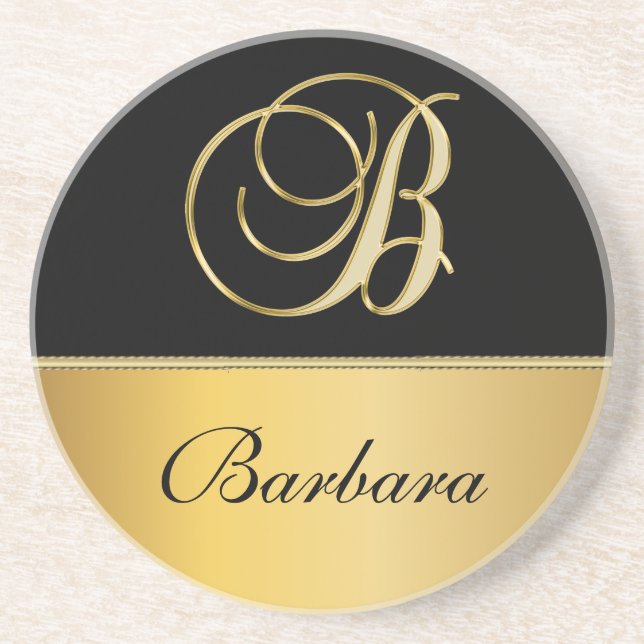 Elegant "B" Monogram Personalized Name Black Gold  Coaster (Front)