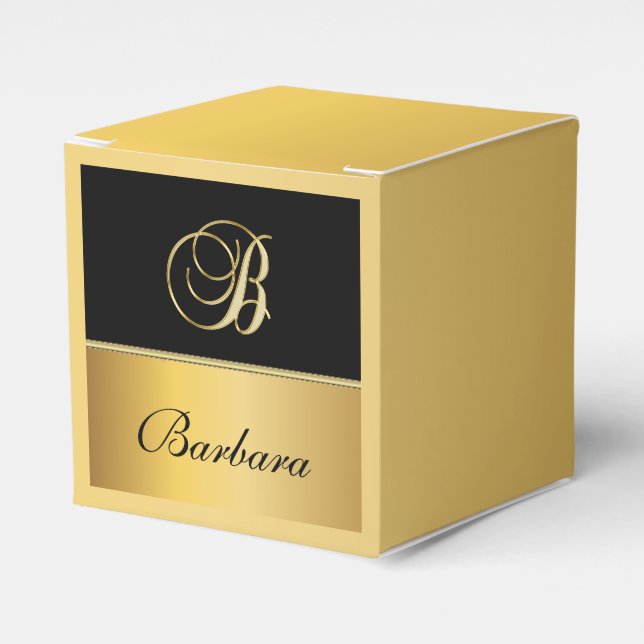 Elegant "B" Monogram Personalized Name Black Gold  Favor Boxes (Front Side)