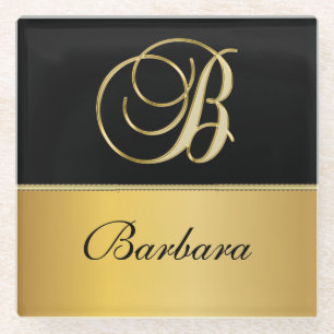 Elegant "B" Monogram Personalized Name Black Gold Glass Coaster