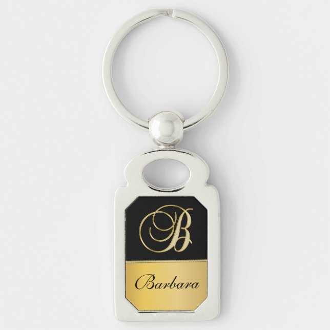 Elegant "B" Monogram Personalized Name Black Gold  Keychain (Front)