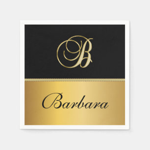 Elegant "B" Monogram Personalized Name Black Gold Napkins