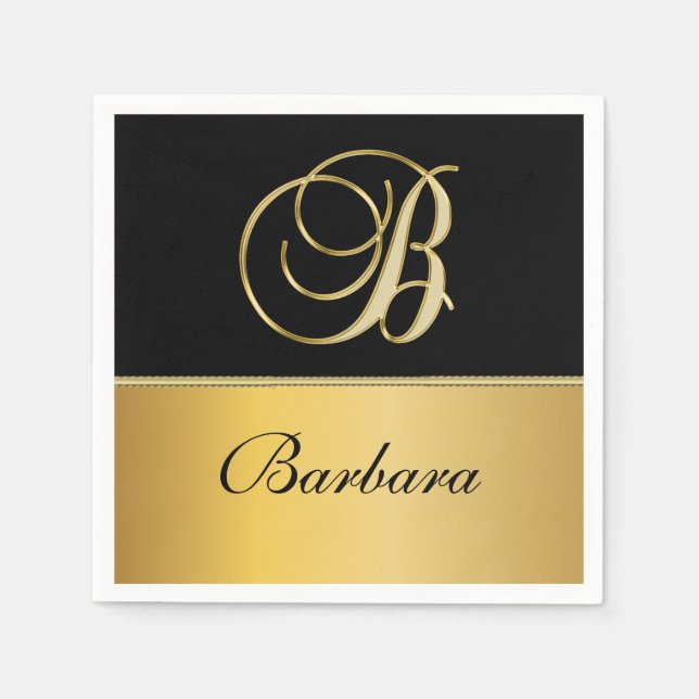 Elegant "B" Monogram Personalized Name Black Gold  Napkins (Front)