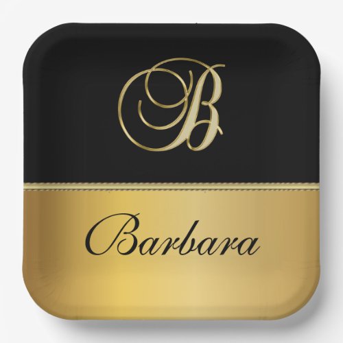 Elegant B Monogram Personalized Name Black Gold  Paper Plates
