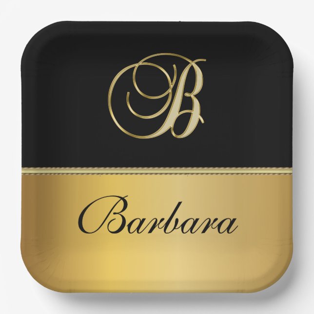 Elegant "B" Monogram Personalized Name Black Gold  Paper Plates (Front)