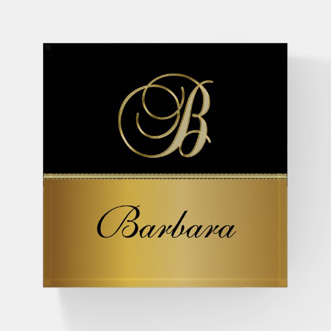 Elegant "B" Monogram Personalized Name Black Gold  Paperweight (Front)