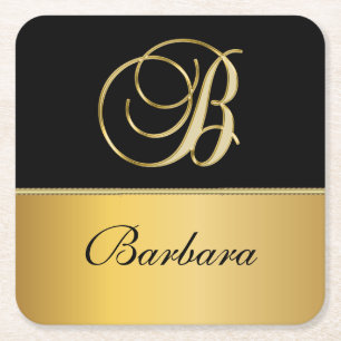 Elegant "B" Monogram Personalized Name Black Gold Square Paper Coaster