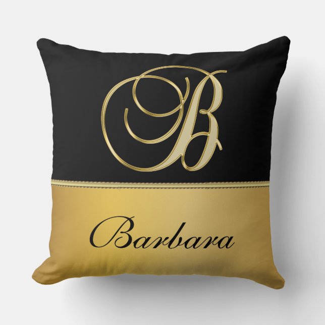 Elegant "B" Monogram Personalized Name Black Gold  Throw Pillow (Front)