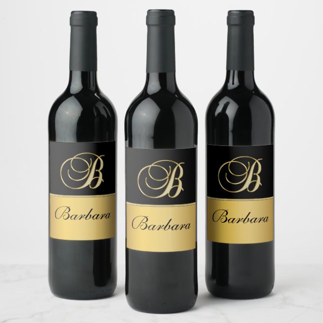 Elegant "B" Monogram Personalized Name Black Gold  Wine Label (Bottles)