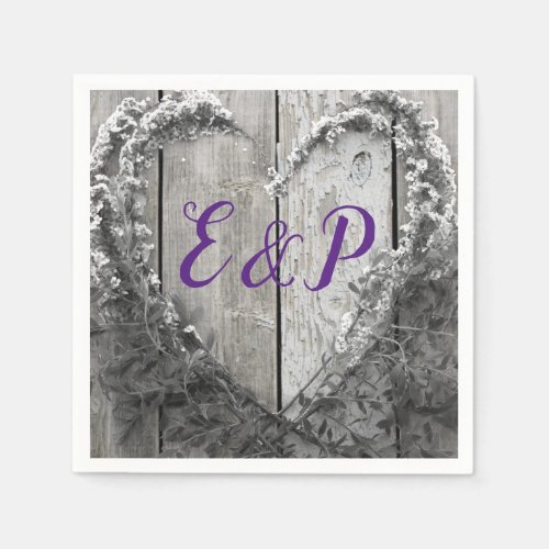 Elegant BW flower heart rustic barn wood wedding Napkins