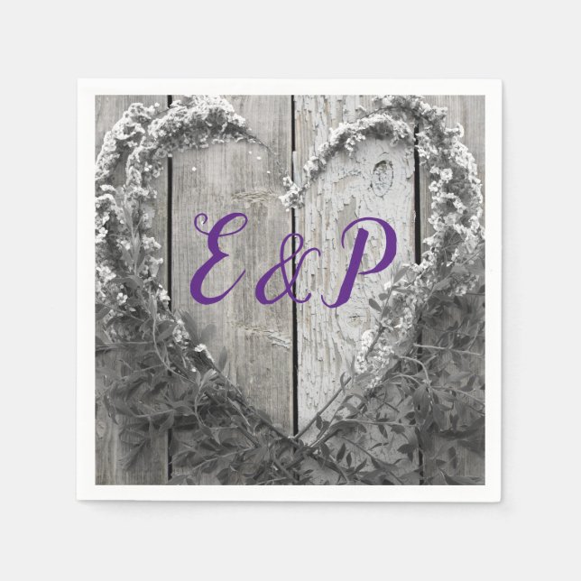 Elegant B&W flower heart rustic barn wood wedding Napkins (Front)