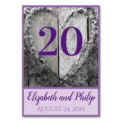 Elegant BW flower heart rustic barn wood wedding Table Number