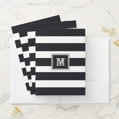 Elegant B  W Striped Chic Monogram Cool Pocket Folder