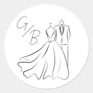 Elegant B&w Tux & Dress Monogram Wedding Classic Round Sticker