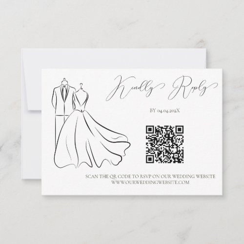 Elegant BW Tux  Dress Wedding QR Code RSVP Card