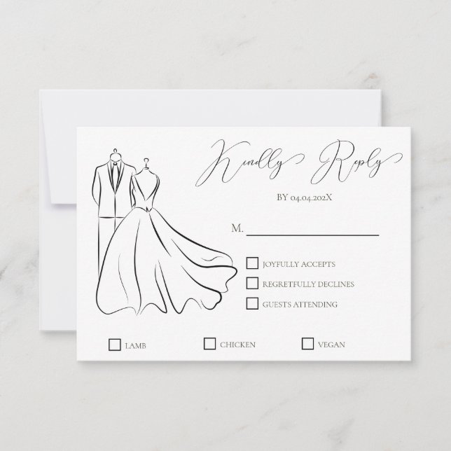 Elegant B&W Wedding Tux & Dress Formal Wedding RSVP Card (Front)
