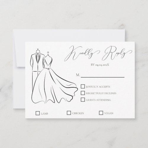 Elegant BW Wedding Tux  Dress Formal Wedding RSVP Card