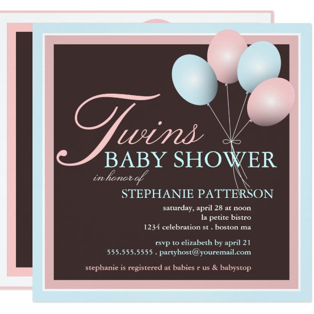 Elegant Baby Balloon Twins Baby Shower Invitation