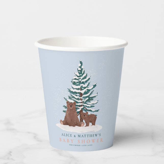 Elegant Baby Bear Evergreen Winter Baby Shower Paper Cups (Front)