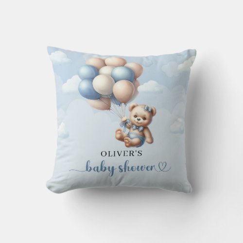 Elegant baby bear with blue and ivory balloons throw pillow