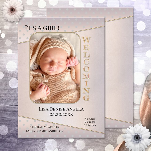 Elegant Baby Birth Photo Announcement Card (Elegant birth announcement card featuring your baby photo on an artistic gold with polka dots)