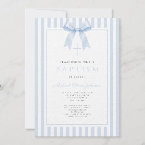 Elegant Baby Blue Bow 2 Boy Baptism Invitation