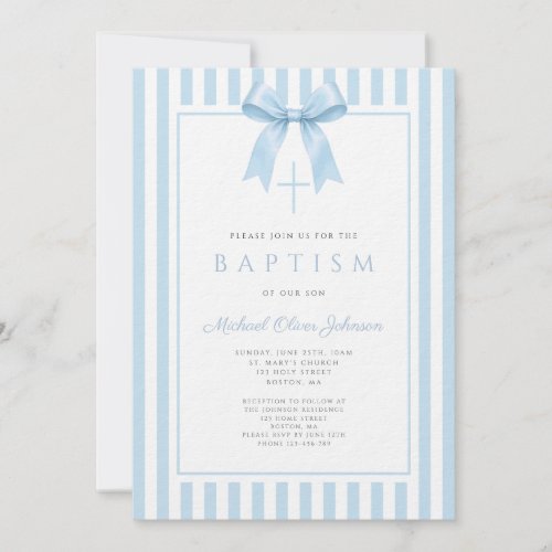 Elegant Baby Blue Bow Boy Baptism Invitation