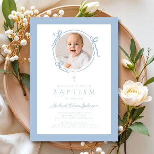 Elegant Baby Blue Bow Boy Photo Baptism Invitation