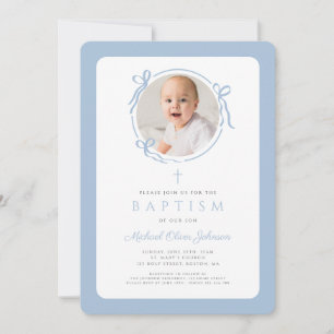 Elegant Baby Blue Bow Photo Boy Baptism Invitation